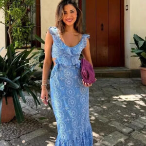 Embroidered Cotton Ruffle Midi Dress