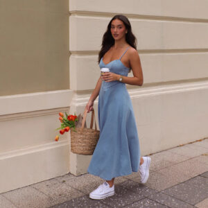 V-Neck Vintage Wash Denim Maxi Dress