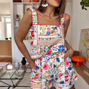 Printed Overalls Two-Piece Set with Pockets