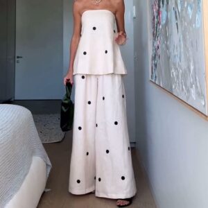Polka Dot Tube Top and Wide-Leg Pants Casual Set
