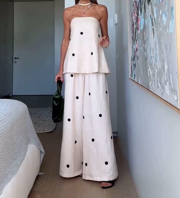 Polka Dot Tube Top and Wide-Leg Pants Casual Set