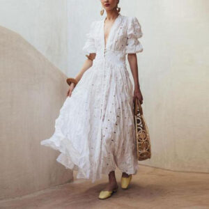V-Neck Puff Sleeve Lace Maxi Dress