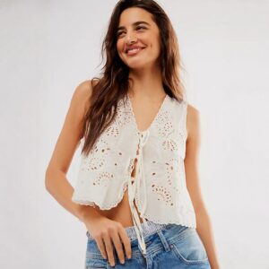 Cotton Embroidered Bow Detail Sleeveless Vest