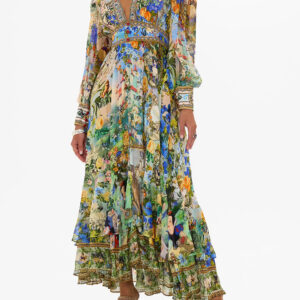 Printed Long-Sleeve V-Neck Waist-Defined Dress