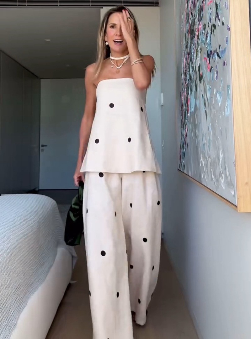 Polka Dot Tube Top and Wide-Leg Pants Casual Set - Image 3