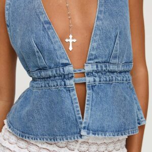 Washed Halter Backless Denim Crop Top