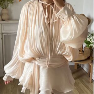 Ruched Puff Sleeve Ruffle Hem Mini Dress Set