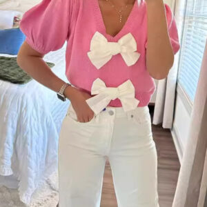 V-Neck Short-Sleeve Bow Sweater