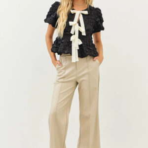 Textured Bow Puff Sleeve Blouse